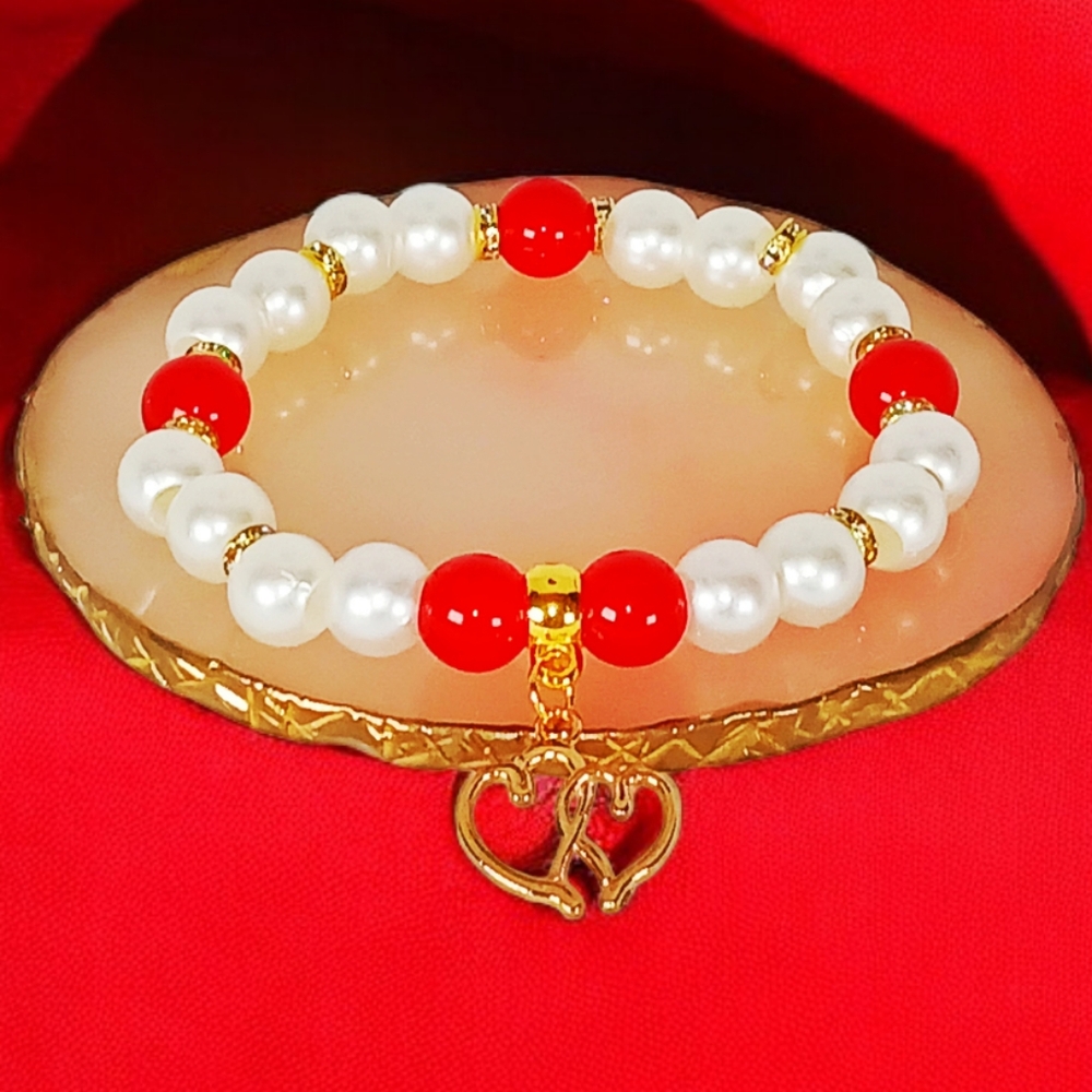Chunky Red Jade Pearl Bracelet Double Heart Charm Lovecore Coquette Y2k 2000s